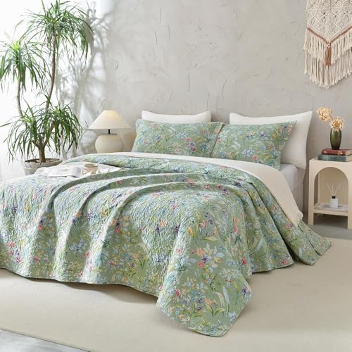 Sanracie Oversized Queen Quilt Bedspread Set - 100% Cotton Botanical Print 3Pcs