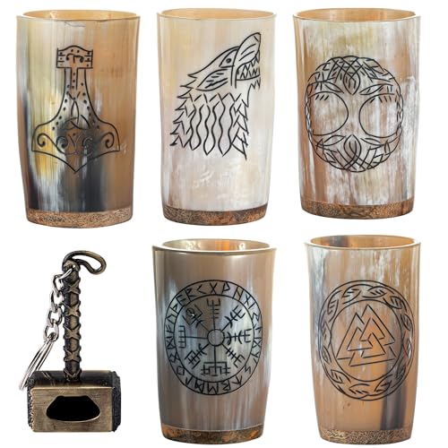 Viking Drinking Horn Mug Set of 5 with Thor Bottle Opener, 10 oz