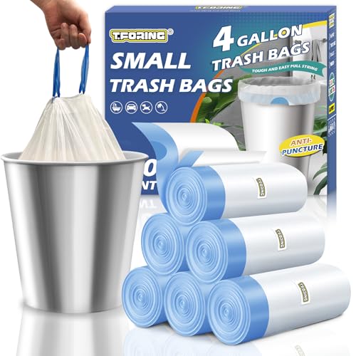 T.FORING Small Trash Bags 4 Gallon Drawstring 120 Count Leakproof Liners