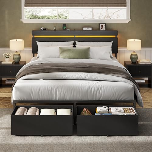Queen Bed Frame with Storage Drawers, LED Lights & Charging Station
