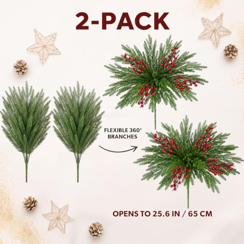 Riceshoot 2 Pcs Christmas Artificial Norfolk Pine Branches with Red Berries - Berry Variation