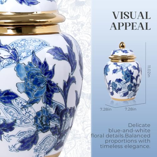 Andaliz 11-Inch Blue and White Ginger Jar Vase with Gold Trim - Decorative Porcelain