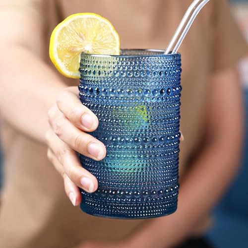 Blue 15oz Hobnail Drinking Glasses Set of 6 - Vintage Water Tumblers for Beer Juice & Mixed Drinks