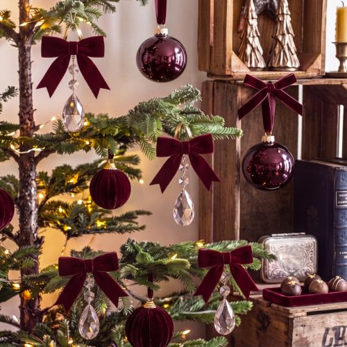 Riceshoot 12 Pcs Burgundy Velvet Bow & Crystal Christmas Ornaments (Variation: Burgundy)