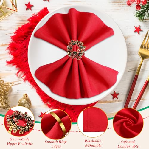 Retro Style Christmas Napkins and Rings Set - 16 Pcs Polyester Holiday Table Decor