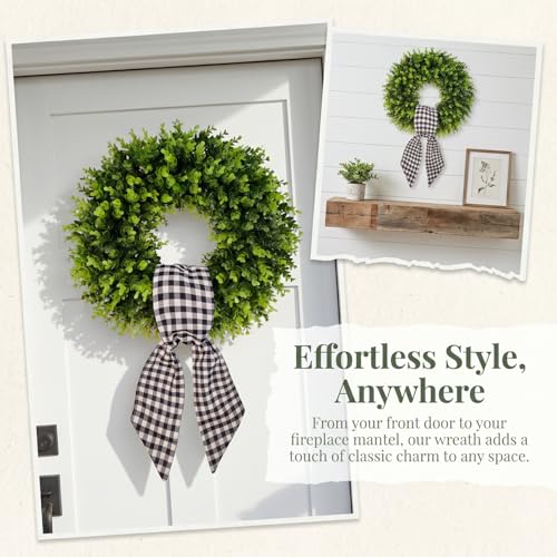 20-Inch Artificial Boxwood Wreath with Buffalo Check Sash for Front Door