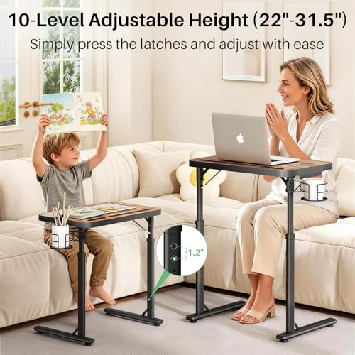 Large Adjustable TV Tray Table with Tilting Top and Cup Holder