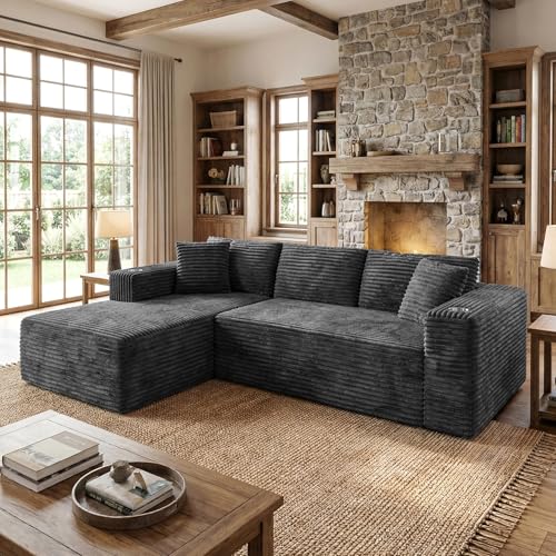 103-inch Modular L-Shaped Sectional Sofa with Cup Holders, Dark Gray Corduroy