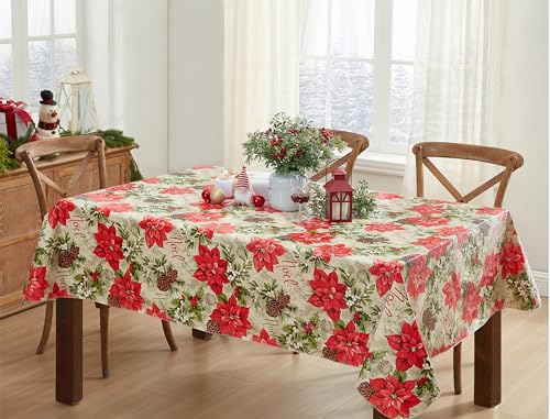 Newbridge Majestic Poinsettia 60x102 Rectangle Vinyl Tablecloth with Flannel Backing, Red Noel — 102 x 60 inches