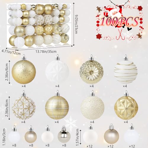 Forsylvanas 100pcs Christmas Ornaments Set White & Gold Shatterproof Holiday Decorations