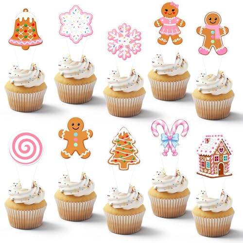 Pink Gingerbread Christmas Cupcake Toppers 50Pcs Non-Edible Party Decorations