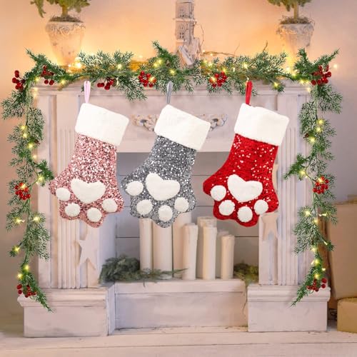 Set of 3 Multicolor Paw Christmas Stockings 18'' - Sparkling Sequin Pet Holiday Decor