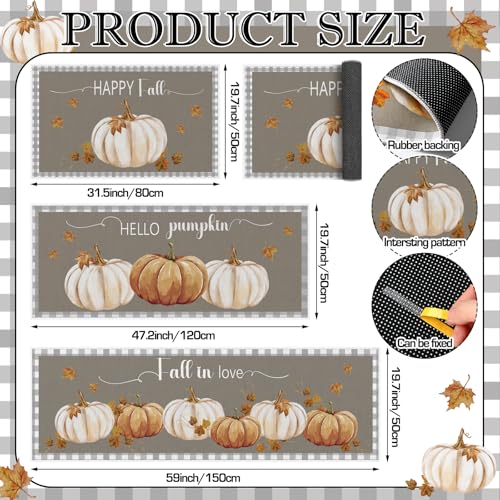 3-Piece Fall Pumpkin Kitchen Rug Set, Non-Slip Autumn Harvest Floor Mats