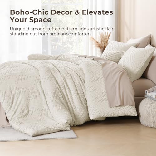 King Size Beige Tufted Boho Comforter Set - 3-Piece Lightweight Bedding Set