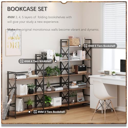 5-Tier Industrial Folding Bookshelf, No-Assembly Metal & Wood Bookcase