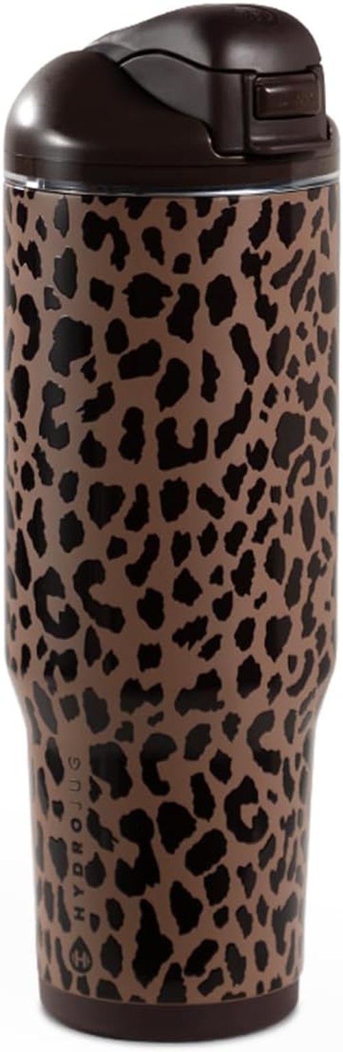 HydroJug 32oz Stainless Steel Water Bottle - Vented Cap, Straw & Chug Lid, Brown Leopard Design