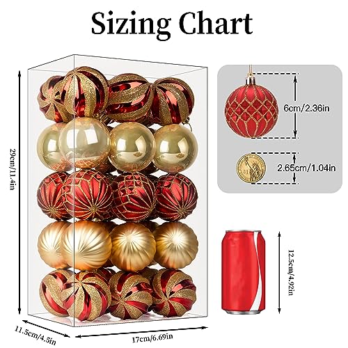 30-Piece Shatterproof Christmas Tree Ornament Set, 2.36-Inch Red and Gold
