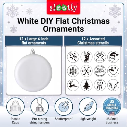 DIY Paintable Blank Christmas Ornaments Kit - 12 Flat Discs & Stencils