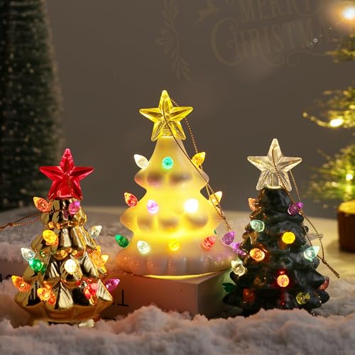 Mini 4.5-Inch Nostalgic LED Ceramic Christmas Tree Set of 3 with Lights, Hanging Ornaments - Holiday Decor
