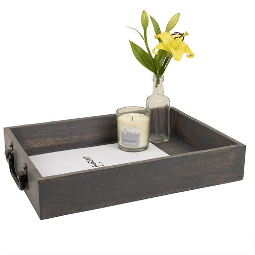 GoCraft Handmade Wooden Tray with Metal Handles – 15" x 11" x 2.5" Decorative Serving Tray in Grey Washed Finish – Versatile Tray for Breakfast in Bed, Lunch, Dinner, Appetizers, Coffee Table