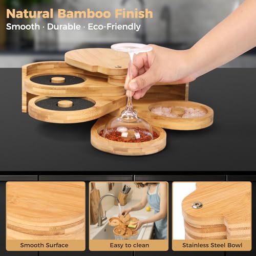 Bamboo Margarita Salt Rimmer Set with Rotating Tray & Sponges – Cocktail & Party Condiment Organizer