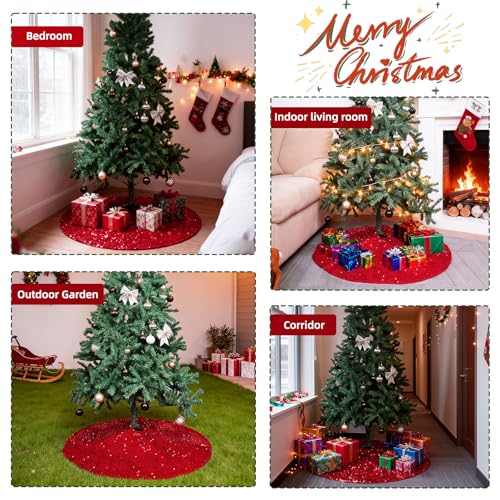 Red Sequin Christmas Tree Skirt 48 Inch - Sparkle Holiday Base Decor