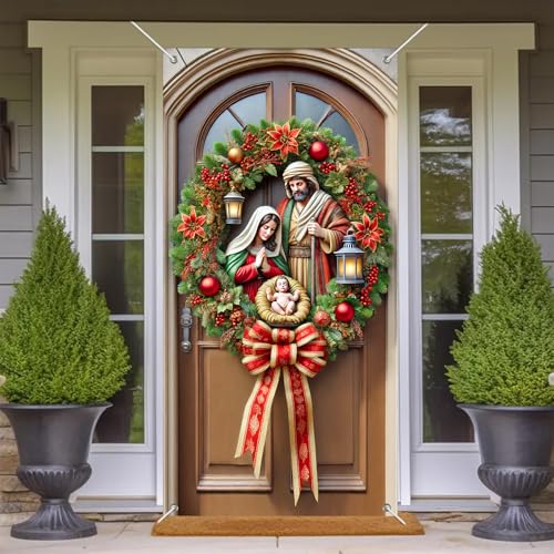 Christmas Nativity Door Cover - Holy Family Scene 35x71 Inch Polyester
