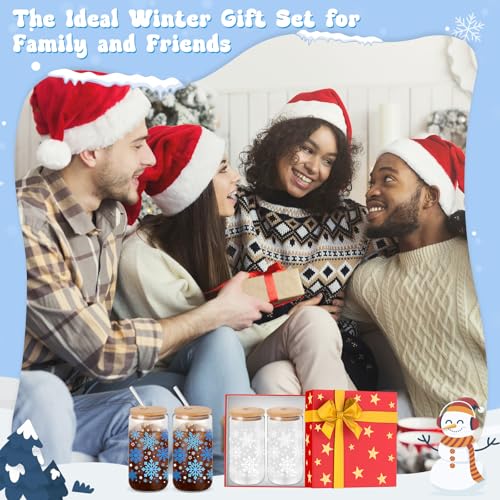 Yetene 24 Pack Snowflake Color Changing Glass Tumblers with Lids & Straws - Winter Holiday Drinkware