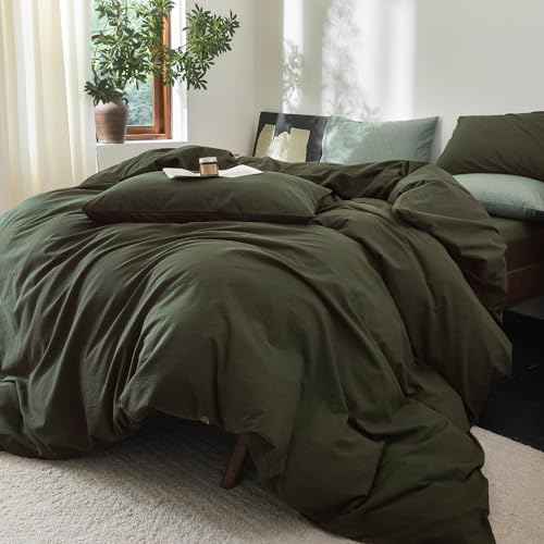 100% Washed Cotton Queen Duvet Cover Set - Soft Linen Feel Bedding, Olive Green