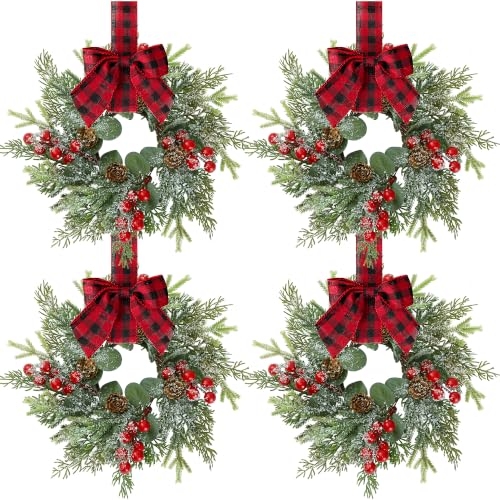 Sggvecsy 4-Pack Mini Christmas Cabinet Wreaths with Norfolk Pine & Burlap Bows