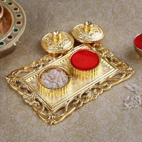 Golden Decorative Pooja Thali with Roli Chawal Holder for Diwali Rituals