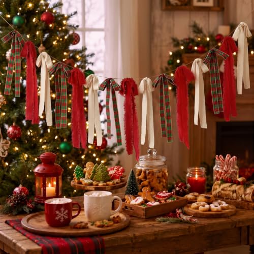 Elegant Christmas Plaid Bow Garland - 6.7ft Red Green Holiday Banner
