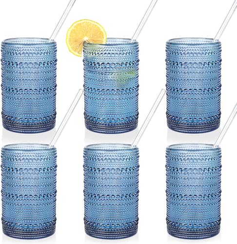 Blue 15oz Hobnail Drinking Glasses Set of 6 - Vintage Water Tumblers for Beer Juice & Mixed Drinks