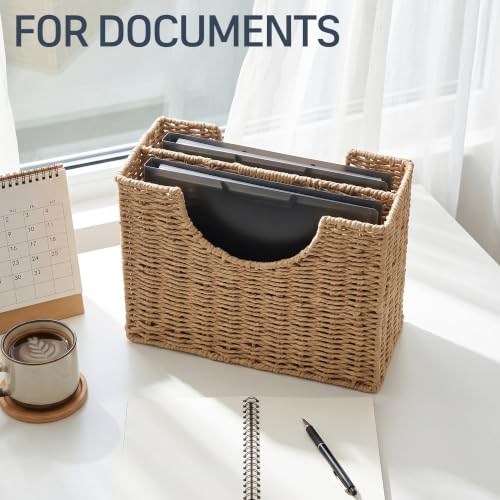 Woven Paper Rope Magazine Holder - Narrow Boho Organizer with Handle
