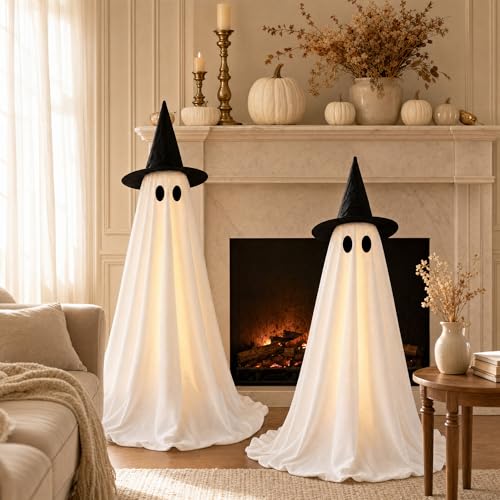 Yumiio Light Up Halloween Ghosts 2-Pack, Adjustable Height LED Decor