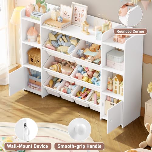 Kids Toy Storage Organizer with 8 Bins, Bookshelf and Cabinet, White
