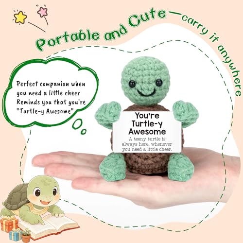 Handmade Crochet Positive Turtle Desk Decor with Encouraging Message Card