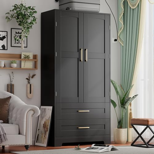 Freestanding Wooden Wardrobe Armoire with Hanging Rod and Drawers - Black