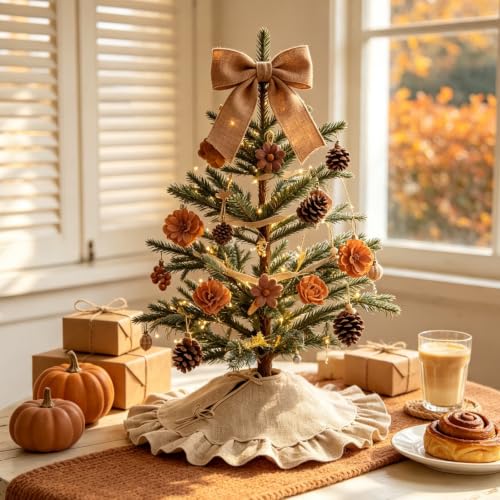 24-Inch Rustic Burlap Christmas Tree Skirt with Ruffle Edge for Tabletop Trees