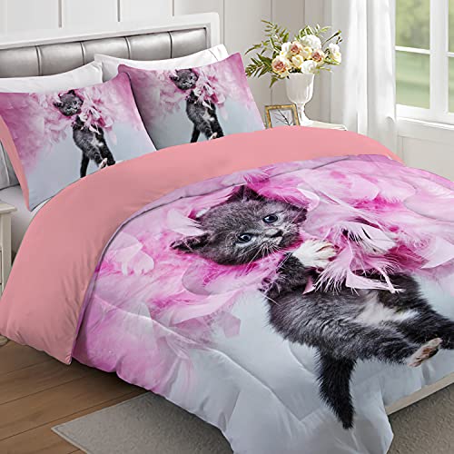 Twin Cat Comforter Set for Kids - Cute Pink Bedding 3Pcs