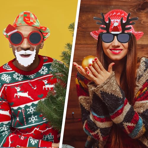 NICOWARM 12pc Christmas Photo Booth Prop Kit with Fedora Hats & Party Sunglasses