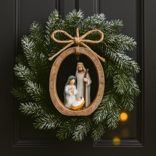 Holy Family Nativity Scene Hanging Ornament - Hand-Painted Resin, Rustic Faux-Wood Ring, Christmas Decor, Religious Gift, Variation: Nativity Scene