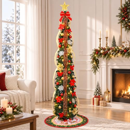Degeyoyo 6ft Prelit Red and Gold Christmas Tree with Lights and Decorations