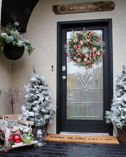Red 24-Inch Christmas Door Wreath with Candy Canes Pinecones Berries - Indoor & Outdoor Decor