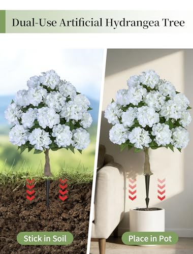 33-Inch Artificial Hydrangea Topiary Ball Trees for Porch, 2-Pack