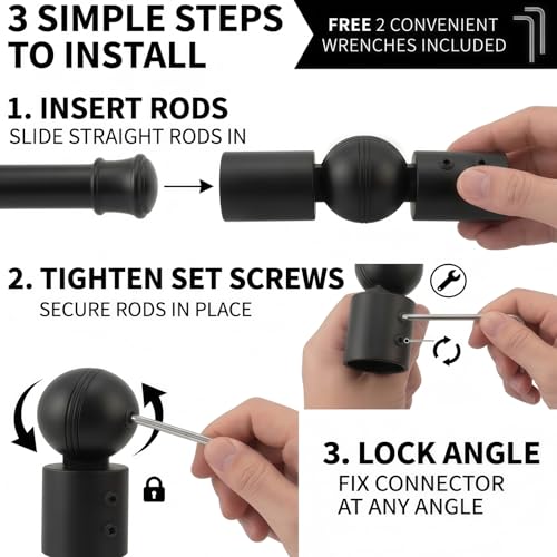 Adjustable Corner Curtain Rod Connector for 1-Inch Rods, 2-Pack Black