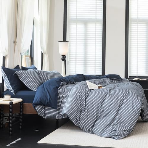Reversible Navy Blue Striped Queen Duvet Cover Set - 100% Washed Cotton 3-Piece