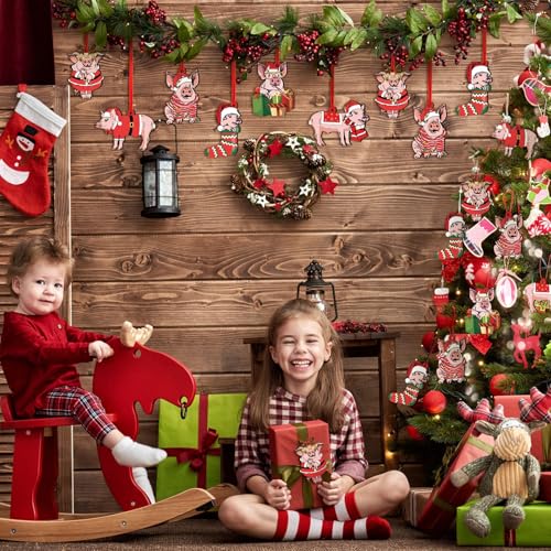 Farmhouse Christmas Pig Ornaments 36 Pcs Wooden Holiday Decorations for Tree & Gifting