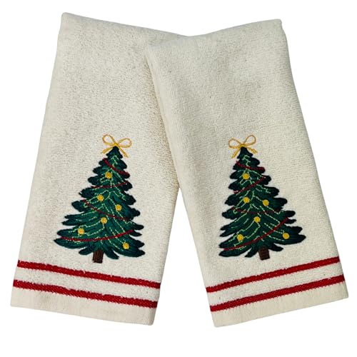 Christmas Tree Embroidered Fingertip Towels - Set of 2 Cotton Hand Towels