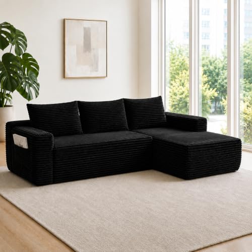 96 Inch Modular L-Shaped Couch with Deep Cushions - Black Sectional Sofa
